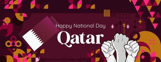 Qatar nazionale giorno bandiera nel colorato moderno geometrico stile. Qatar nazionale indipendenza giorno saluto carta copertina con tipografia. vettore illustrazione per nazionale vacanza celebrazione festa