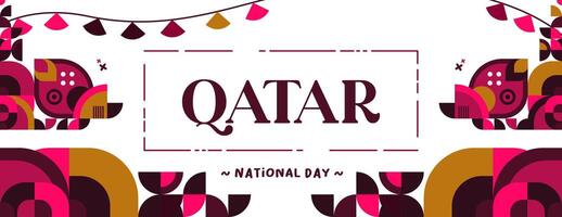 Qatar nazionale giorno bandiera nel colorato moderno geometrico stile. Qatar nazionale indipendenza giorno saluto carta copertina con tipografia. vettore illustrazione per nazionale vacanza celebrazione festa