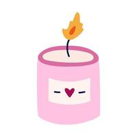 carino mano disegnato clipart di ardente aroma candela con etichetta. di moda cera candela per terme terapia, rilassamento, romanza, hygge casa decorazione. semplice scarabocchio nel cartone animato stile isolato su bianca vettore