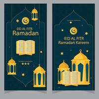 Ramadan kareem concetto verticale banner con piatto etichetta icone. vettore illustrazione. eid mubarak. corano, tradizionale lanterne, date, iftar cibo