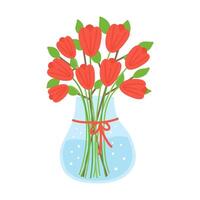 blu vaso con mazzo di rosso tulipani. primavera fiori per marzo 8 La madre di giorno. mano disegnato piatto cartone animato elemento su bianca isolato sfondo. vettore illustrazione