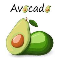 avocado totale e metà. testo avocado. salutare verdure e vegetariano cibo. fresco biologico cibo, salutare mangiare. fatto nel cartone animato piatto stile vettore