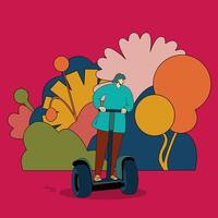 un' ragazza cavalcate un' segway. un' donna su un' scooter su un' sfondo di fiori. colorato illustrazione di elettrico trasporto. eco-friendly trasporto vettore