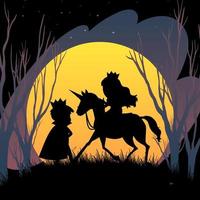 sfondo notte di halloween con silhouette principe e principessa vettore