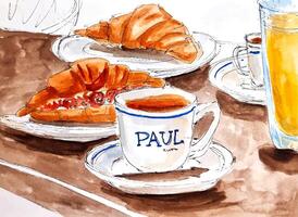 schizzo prima colazione con brioche e caffè su il tavolo nel il famoso bar viaggio album per schizzi mano disegnato acquerello vettore