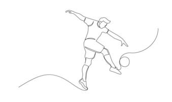 continuo linea disegno di calcio giocatore saltare e volare per calciando sfera. singolo uno linea arte di giovane uomo giocando calcio palla vettore