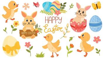 carino Pasqua impostare. primavera collezione di animali, uova, fiori e decorazioni. per manifesto, carta, scrapbooking, adesivi. cartone animato piatto stile vettore illustrazione