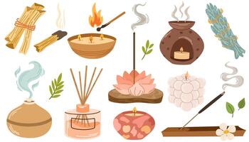 aromaterapia impostare. essenziale oli, candele, aroma lampade, diffusore, erbe aromatiche, palo santo, saggio. ayurveda aromatico terapia. vettore