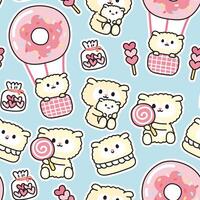 senza soluzione di continuità modello di carino pecora nel vario pose sfondo.cuore biscotti, caramelle, macaron, palloncini, ciambelle mano disegnato.fattoria animale personaggio cartone animato design.baby abbigliamento.kawaii.vettore.illustrazione. vettore