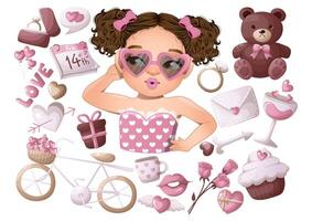 impostato di rosa San Valentino S giorno elementi e freddo ragazza indossare cuore sagomato occhiali cartone animato vettore