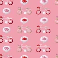 San Valentino S giorno senza soluzione di continuità modello con Vintage ▾ biciclette con cestino pieno di cuori su rosa sfondo vettore