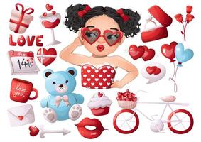 impostato di rosso San Valentino S giorno elementi e freddo ragazza indossare cuore sagomato occhiali cartone animato vettore