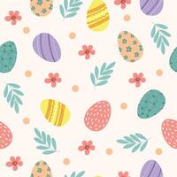 senza soluzione di continuità modello per Pasqua su un' bianca sfondo. Pasqua uova, fiori nel pastello colori. Pasqua modello per involucro carta, tessile, sfondo. vettore