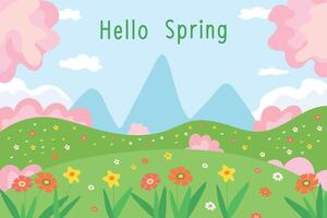 primavera paesaggio con montagne, fiori e prato. vettore