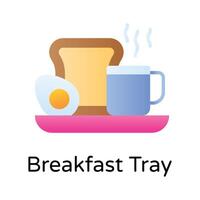 bollito uovo con tazza di tè e pane nel un' vassoio raffigurante icona di prima colazione vettore