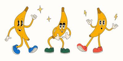 Groovy retrò Banana cartone animato personaggio impostare. vettore Vintage ▾ illustrazione.