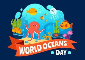 mondo oceani giorno vettore illustrazione per Aiuto proteggere e Conserve oceano, pesce, ecosistema o mare impianti nel piatto cartone animato sfondo design