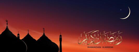 islamico sfondo con Ramadan kareem calligrafia arabo, cupola moschee, mezzaluna Luna su blu cielo sfondo, vettore simbolo islamico religione con crepuscolo cielo, striscione eid al adha, eid al Fitr, Mubarak