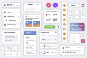 utente interfaccia elementi impostato per messaggero mobile app. kit modello con hud diagrammi, navigazione pulsanti, Chiacchierare messaggi, emoticon, profilo statistiche. imballare di ui, ux, gui schermi. vettore componenti.