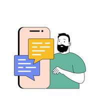 sociale Rete concetto con cartone animato persone nel piatto design per ragnatela. uomo chat con in linea amici utilizzando mobile Telefono applicazione. vettore illustrazione per sociale media striscione, marketing Materiale.