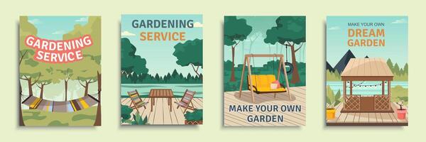 giardinaggio servizio copertina opuscolo impostato nel piatto design. manifesto modelli con all'aperto mobili, di legno gazebo, estate terrazza con verdura per Giardino dietro la casa paesaggio attività commerciale. vettore illustrazione