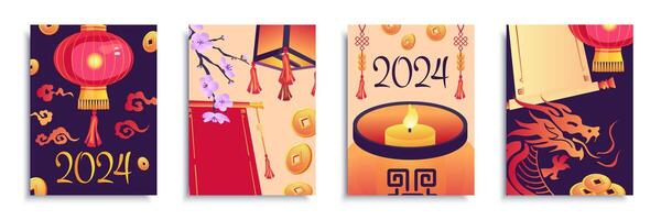 Cina Natale 2024 copertina opuscolo impostato nel piatto design. manifesto modelli con Cinese nuovo anno simboli, rosso lanterne, sakura fiori, d'oro monete, candele e zodiaco Drago. vettore illustrazione.