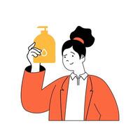 coronavirus concetto con cartone animato persone nel piatto design per ragnatela. donna utilizzando antisettico gel per lavaggio mani e prevenzione patologia. vettore illustrazione per sociale media striscione, marketing Materiale.