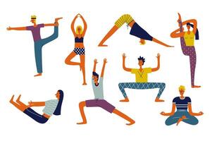 persone fare yoga asana impostato nel piatto personaggio design per ragnatela. fascio persone di diverso donne e uomini praticante pilates, fare equilibrio posizione, praticante allungamento posture. vettore illustrazione.