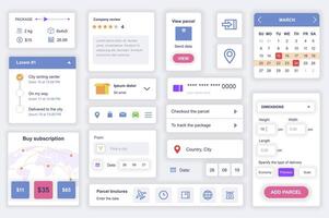 utente interfaccia elementi impostato per consegna mobile app. kit modello con hud diagrammi, pacchetto informazione, carta geografica tracciamento, calcolatrice, calendario, revisione. imballare di ui, ux, gui schermi. vettore componenti.