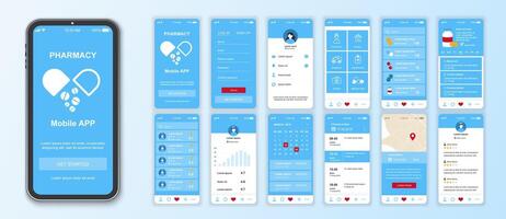 farmacia mobile App interfaccia schermi modello impostare. in linea account, trova medico, emergenza, appuntamenti, medicina negozio ordinare. imballare di ui, ux, gui kit per applicazione ragnatela disposizione. vettore design.