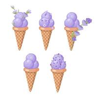 un' impostato di lavanda ghiaccio crema nel cialda coni. viola sorbetto. vettore illustrazione isolato su bianca sfondo.