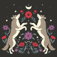 un' simmetrico composizione di Due lupi in piedi lateralmente nel un' saltare e fiori su un' buio sfondo. vettore grafica
