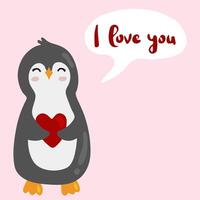 carino cartone animato pinguino Tenere cuore. contento San Valentino giorno saluto carta. vettore illustrazione.