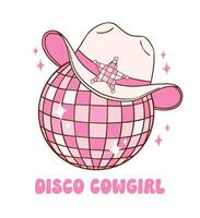 rosa discoteca palla cowgirl cappello illustrazione, di moda Groovy vibrazioni discoteca era. vettore