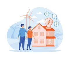 energia consumo concetto. uomo e donna ridurre energia consumo a casa. piatto vettore moderno illustrazione