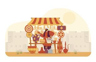 mezzo orientale ceramica strada negozio con venditore e antico città a il sfondo piatto vettore illustrazione.