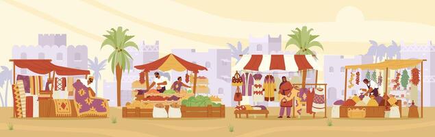 arabo strada bazar con venditori con tappeti, Abiti e spezie bancarelle orizzontale striscione. mezzo orientale mercato con antico città a il sfondo piatto vettore illustrazione.