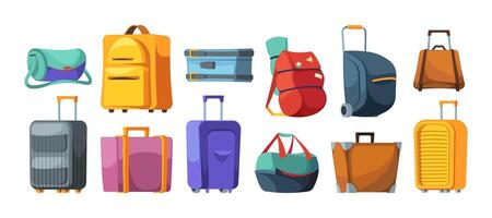 Bagaglio valigia. cartone animato bagaglio per in viaggio, zaino zaino, bagaglio per partenza e arrivo, Conservazione per Abiti e Accessori. vettore impostato