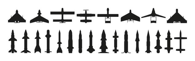 missili silhouette. militare guidato aereo arma con testate, nero esercito munizioni, volante esplosivo missile piatto stile. vettore isolato collezione