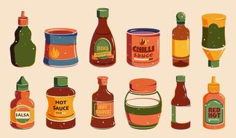 salsa bottiglie. cartone animato ketchup, mostarda e Maionese bottiglie con caps e etichette per ristorante e veloce cibo confezione design. vettore impostato