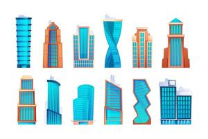cartone animato grattacieli. moderno città alto torri con appartamenti e uffici, urbano Residenziale bloccare con alto architettura edifici. vettore impostato