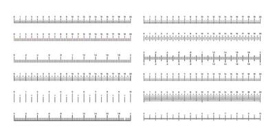 righello votazione impostare. semplice misurazione bilancia con metrico e imperiale sistema segni, misurazione attrezzatura segnato nel centimetri pollici. vettore collezione