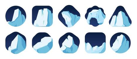 artico ghiacciaio. cartone animato montagna ghiaccio galleggiante su mare con iceberg, polare paesaggio con congelato galleggiante montagna con ghiacciato rocce fusione. vettore illustrazione