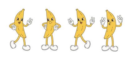 retrò cartone animato personaggio frutta impostare. vettore divertente illustrazione con Banana, ciliegia, Limone, fragola, anguria