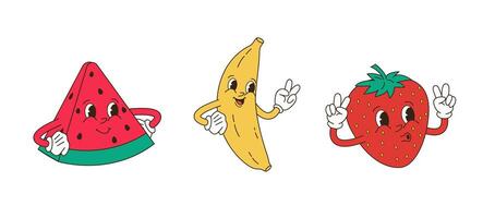 retrò cartone animato personaggio frutta impostare. vettore divertente illustrazione con Banana, ciliegia, Limone, fragola, anguria