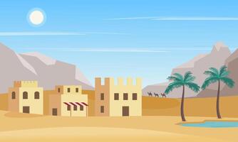 deserto paesaggio con oasi, Casa, e palma albero nel giorno luce. arabo città nel deserto. vettore illustrazione.