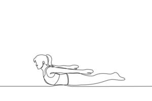 donna fare asana dire bugie su sua stomaco con disteso braccia e gambe indietro - uno linea disegno vettore. yoga concetto, locusta posa - shalabhasana vettore