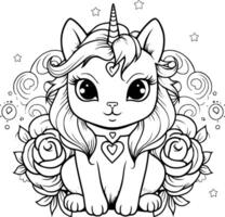 carino gatto unicorno colorazione pagine per bambini vettore