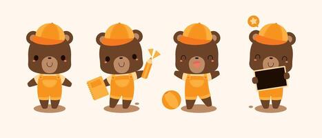 collezione di carino Marrone orso indossare arancia tuta da lavoro e berretto, come alunno, cartone animato personaggi. indietro per scuola concetto. piatto vettore illustrazione.