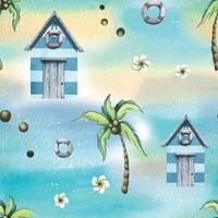 spiaggia, mare case, carino, di legno con Noce di cocco palme su un' sabbioso isola. acquerello illustrazione nel cartone animato stile. senza soluzione di continuità estate, spiaggia modello per tessuto, tessili, sfondo, confezione, souvenir. vettore